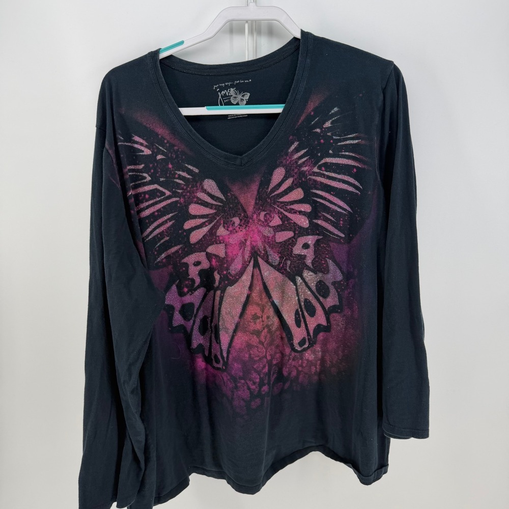 Just My Size Graphic Tee Womens 4X Black Pink Butterfly V-Neck Fairycore Y2K